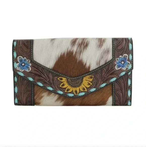 Myra Bag Cowhide Hand Tooled Leather Sunflower Turquoise Buckstitch Wallet Bag - Picture 2 of 7
